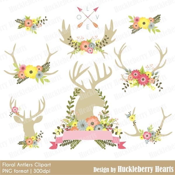 Flowers and Antlers, Antler Clipart, Wedding Clipart, Flower Clipart, Digital Antlers,