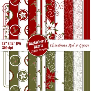 Papel digital de Natal vermelho e verde com poinsétias e azevinhos, fundos de férias, papel de scrapbook digital, imprimíveis DIY