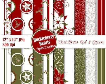 Red and Green Christmas Digital Paper with Poinsettias and Holly, Holiday Backgrounds, Digital Scrapbook Paper, DIY Printables