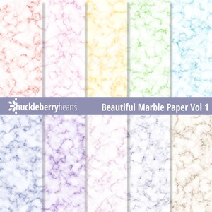 May include: Set of 8 digital paper designs featuring marble textures in various colors, including pink, yellow, green, blue, purple, and brown.  The text "Beautiful Marble Paper Vol 1" is at the top of the image.