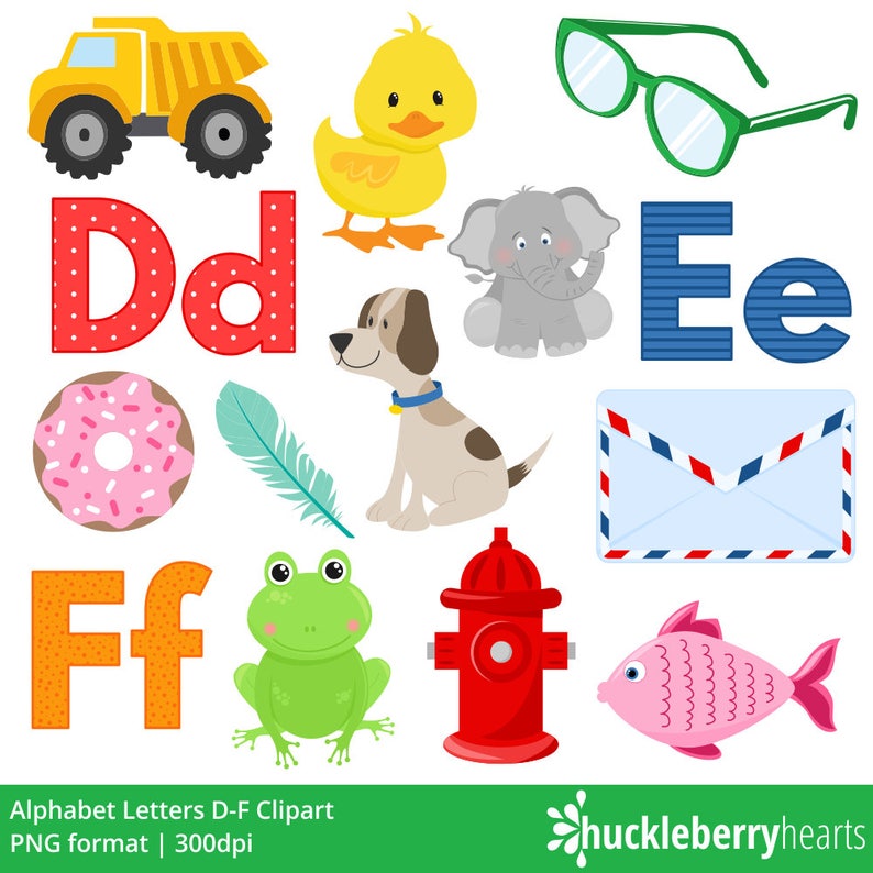Puede incluir: Conjunto de clipart de alfabeto con ilustraciones de un cami&oacute;n volquete, un pato, un elefante, un sobre, una pluma, una boca de incendios, una rana, un pez, una rosquilla y gafas. Las letras D, d, E, e, F y f tambi&eacute;n est&aacute;n incluidas en la imagen.