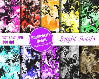 Swirl Paper, Digital Swirls, Marbelized Paper in Bright Colors and Black