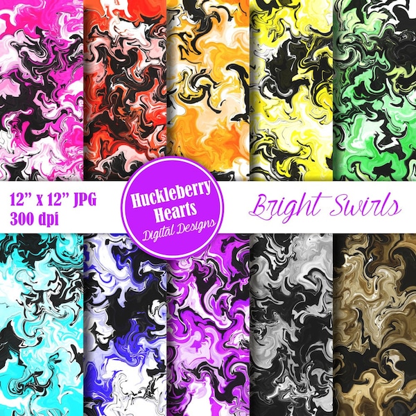 Swirl Paper, Digital Swirls, Marbelized Paper in Bright Colors and Black