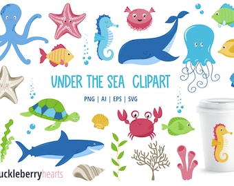 May include: A set of colorful cartoon sea creatures, including an octopus, starfish, seahorse, whale, jellyfish, turtle, crab, fish, seaweed, and seashells. The text "UNDER THE SEA CLIPART" is written in black letters on a white background. The text "PNG | AI | EPS | SVG" is written below the title. The image is perfect for creating invitations, cards, and other crafts.