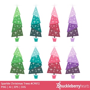 May include: Eight sparkling Christmas trees in various colors, including green, teal, pink, red, purple, and lavender. Each tree has a star on top and is decorated with white stars. The trees are in pots and are arranged in two rows of four.