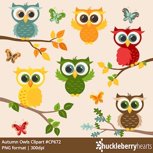 May include: Clip art set of six colourful owls perched on branches with autumn leaves and butterflies. The owls are green, orange, red, yellow, brown, and blue. The butterflies are orange, blue, and red.