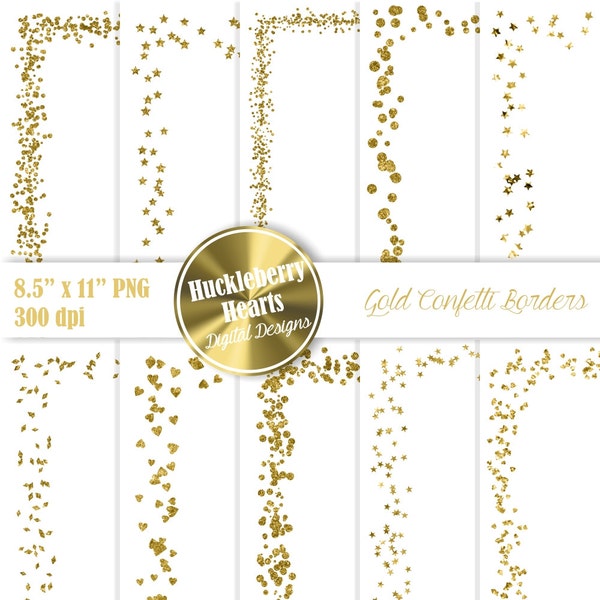 Gold Confetti Clipart, Confetti Borders, Confetti Clip Art, Digital Confetti, Printable, Commercial Use, 8.5x11 inches