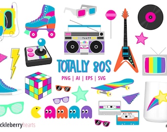 80s Clipart Bundle | Cute Retro SVG Set | Neon Cut Files | Printable | Commercial Use