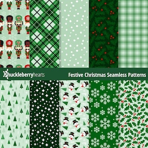 Op de afbeelding: Een verzameling feestelijke naadloze kerstpatronen in groen- en wittinten. Ontwerpen omvatten notenkrakers, ruitjes, stippen, sneeuwvlokken, sneeuwmannen en hulst. De tekst "Festive Christmas Seamless Patterns" wordt weergegeven.