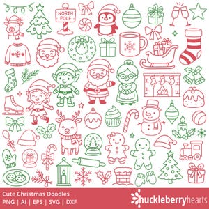May include: A selection of red and green Christmas doodles, featuring Santa Claus, elves, reindeer, baubles, and a snowman. Other elements include a North Pole sign, a Christmas tree, and a mug with a snowflake. The text "Cute Christmas Doodles" is at the bottom.