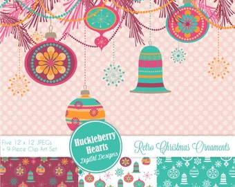 Retro Style Christmas Ornaments Digital Paper, Clip Art, Backgrounds, Digital Scrapbook Paper