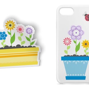 May include: A sticker and phone case featuring a flower pot with colourful flowers. The sticker has a yellow pot with five flowers in shades of purple, blue, yellow, pink, and green. The phone case has a blue pot with three flowers in shades of purple, pink, and yellow. A red ladybug is on the phone case.
