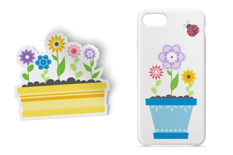 May include: A sticker and phone case featuring a flower pot with colourful flowers. The sticker has a yellow pot with five flowers in shades of purple, blue, yellow, pink, and green. The phone case has a blue pot with three flowers in shades of purple, pink, and yellow. A red ladybug is on the phone case.