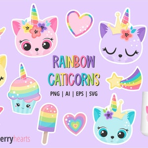 Caticorn Clipart, Cat Unicorn Clipart, Caticorn SVG, Kittycorn PNG, Rainbow Unicorn, Small Commercial Use image 1