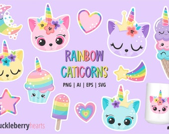 Caticorn Clipart, Cat Unicorn Clipart, Caticorn SVG, Kittycorn PNG, Rainbow Unicorn, Small Commercial Use