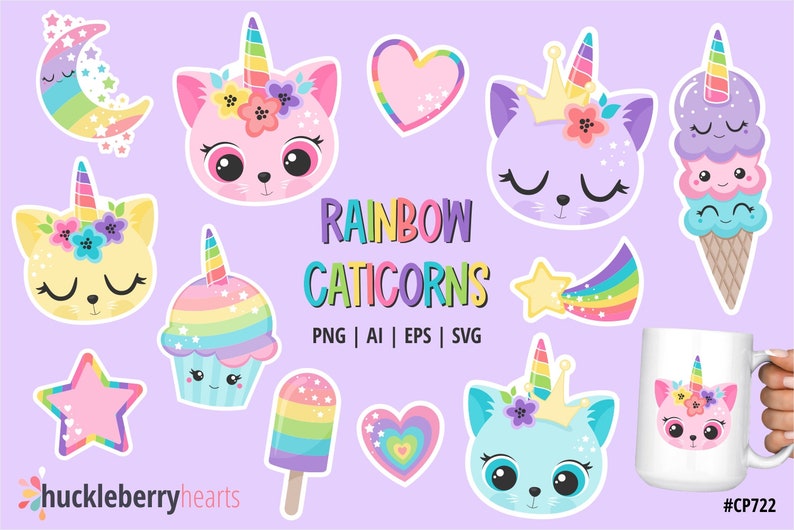 Caticorn Clipart, Cat Unicorn Clipart, Caticorn SVG, Kittycorn PNG, Rainbow Unicorn, Small Commercial Use image 1