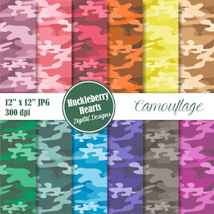 Camouflage Digital Paper, Digital Scrapbook Paper, Digital Background in Pink, Red, Orange, Yellow, Green, Blue, Purple, Brown, Gray