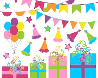 Birthday Party Clipart, Celebration PNG, Presents, Balloons, Commercial Use