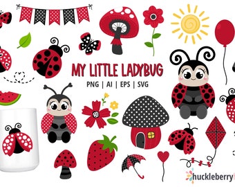 Cute Lady Bug Clipart, Heart Lady Bugs, Summer Garden SVG, Lady Bug PNG, Mushroom House Clipart, Printable, Commercial Use