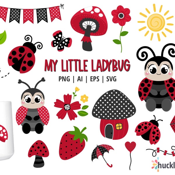 Cute Lady Bug Clipart, Heart Lady Bugs, Summer Garden SVG, Lady Bug PNG, Mushroom House Clipart, Printable, Commercial Use