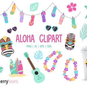 May include: A set of colorful digital clipart featuring Hawaiian and tropical themes. The clipart includes images of flip flops, leis, tiki masks, palm trees, a surfboard, a guitar, a coffee cup with a parrot, and a sign with the words "Surf Shack", "Limbo", "Tiki Hut", and "Beach Bar". The text "Aloha Clipart" is also included in the image.
