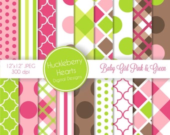 Baby Girl Pink and Green Digital Scrapbook Paper, Digital Background, DIY Printable Paper