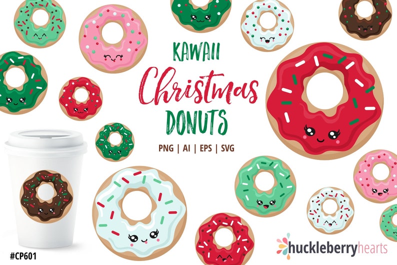 May include: A set of 12 kawaii Christmas donuts with various frosting colors and sprinkles. The donuts have cute faces and are perfect for holiday crafts or decorations.
