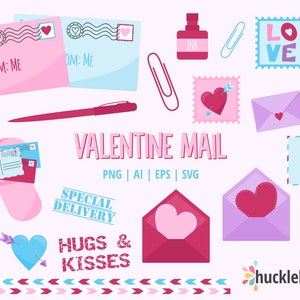 Clipart de correo de San Valentín, paquete SVG de San Valentín, clipart de San Valentín, clipart lindo de San Valentín, imprimible, uso comercial