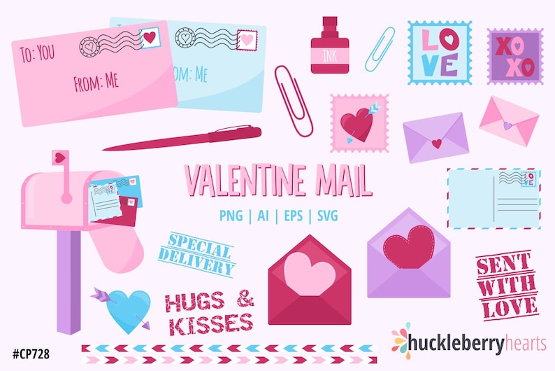 May include: A collection of Valentine-themed digital illustrations including a pink mailbox, envelopes, a pen, ink bottle, paper clips, and stamps. Text elements include VALENTINE MAIL, SPECIAL DELIVERY, HUGS & KISSES, and SENT WITH LOVE.