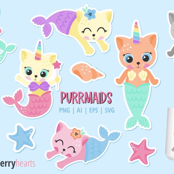 Zeemeermin kat SVG, Mercat SVG, zeemeermin kat clipart, PurrMaid SVG, afdrukbaar, commercieel gebruik