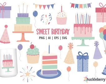 Cute Party Clipart, Happy Birthday SVG, Birthday Clipart Set, Cake Clipart, Party Clipart, Printable, Commercial Use