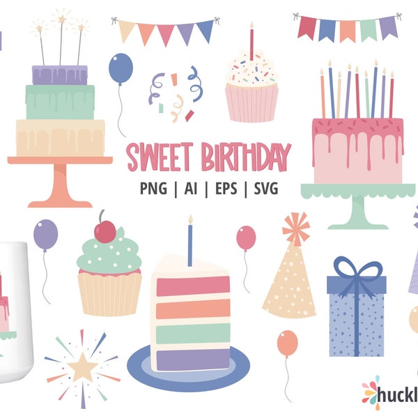 Cute Party Clipart, Happy Birthday SVG, Birthday Clipart Set, Cake Clipart, Party Clipart, Printable, Commercial Use