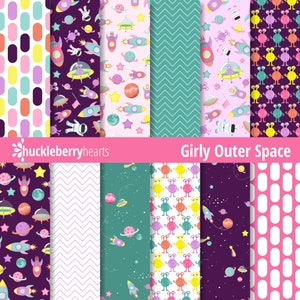 Puede incluir: Un conjunto de 10 patrones de papel digital con un tema espacial femenino. Los patrones incluyen colores rosa, morado, azul, verde, blanco y amarillo. Los patrones presentan estrellas, planetas, cohetes, astronautas y extraterrestres.
