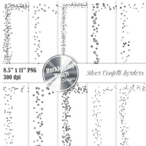 Clipart de confeti plateado, bordes de confeti, clip art de confeti, confeti digital, imprimible, uso comercial, 8,5 x 11 pulgadas