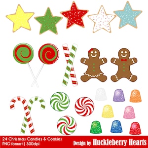 May include: A set of 24 Christmas-themed cookie and candy clipart images. The set includes gingerbread people, candy canes, lollipops, peppermint swirls, and star-shaped cookies with various sprinkles. The images are in PNG format and are 300dpi.