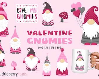 Gnome Clipart, Valentine Gnome SVG, Valentine's Day Gnomes, Valentines Day Clipart, Valentine Gnome PNG, Printable, Commercial Use