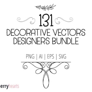 May include: Black and white graphic design featuring a decorative flourish, the number 131, and the text "DECORATIVE VECTORS DESIGNERS BUNDLE". The text "PNG | AI | EPS | SVG" is below the main text. The text "huckleberryhearts" is in the lower left corner and the text "#BN206" is in the lower right corner.