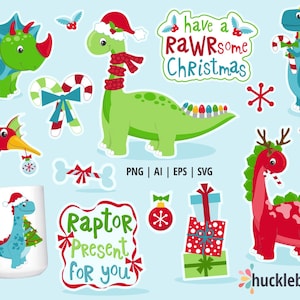 Kerstdinosaurussen clipart, schattige dinosaurus clipart, kerst dinosaurus SVG-bundel, kerstdinosaurus png, afdrukbaar, commercieel gebruik