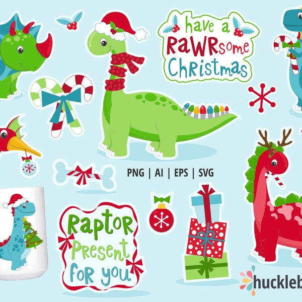 Christmas Dinosaurs Clipart, Cute Dinosaur Clipart, Christmas Dinosaur SVG Bundle, Christmas Dinosaur PNG, Printable, Commercial Use