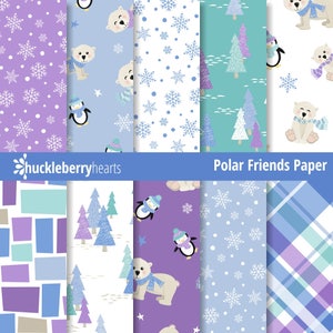 Papel de oso polar, papel de pingüino, patrones sin costuras, papel para álbumes de recortes digitales, imprimible, uso comercial