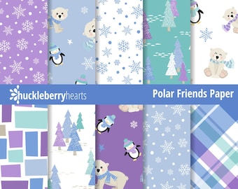 Polar Bear Paper, Penguin Paper, Seamless Patterns, Digital Scrapbook Paper, Printable, Commercial Use