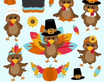 Thanksgiving Turkey Clipart, Fall SVG Bundle, Cute Pilgrim PNG, Printable Autumn Graphics, Small Commercial Use