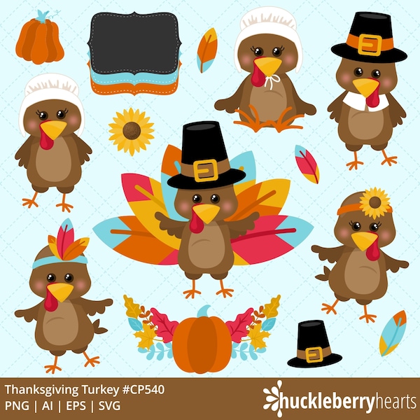 Thanksgiving Turkey Clipart, Fall SVG Bundle, Cute Pilgrim PNG, Printable Autumn Graphics, Small Commercial Use