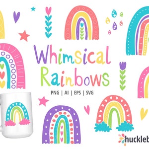 Peut inclure: Plusieurs motifs d'arcs-en-ciel fantaisistes aux couleurs vives, dont le rose, le jaune, le bleu et le violet. L'image pr&eacute;sente une tasse blanche avec un motif arc-en-ciel, des &eacute;toiles, des c&oelig;urs et des &eacute;l&eacute;ments floraux. Le texte indique "Whimsical Rainbows".