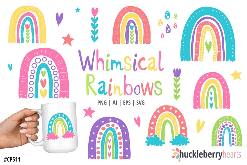 Peut inclure: Plusieurs motifs d'arcs-en-ciel fantaisistes aux couleurs vives, dont le rose, le jaune, le bleu et le violet. L'image pr&eacute;sente une tasse blanche avec un motif arc-en-ciel, des &eacute;toiles, des c&oelig;urs et des &eacute;l&eacute;ments floraux. Le texte indique "Whimsical Rainbows".