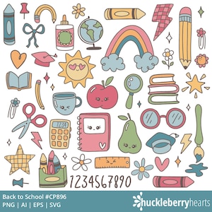 May include: A collection of colorful, cartoon-style school supplies and elements, including pencils, crayons, a globe, a rainbow, and a notebook. The image also features the text "Back to School #CP896" and numbers 1 through 0.