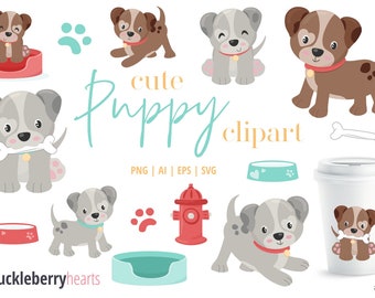 May include: Cute puppy clipart set featuring brown and gray puppies in various poses, including sitting, standing, and playing with a bone. The set also includes a fire hydrant, dog bowls, and paw prints. The text "cute puppy clipart" is written in a whimsical font.