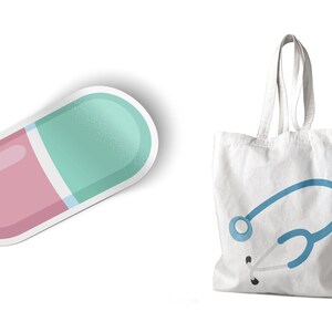 May include: A white tote bag with a blue stethoscope design. A pink and green pill sticker is also included.