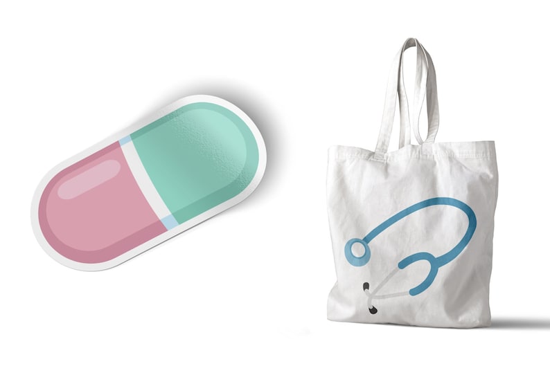 May include: A white tote bag with a blue stethoscope design. A pink and green pill sticker is also included.