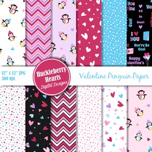 Valentine&#39;s Day Paper, Digital Valentine Paper, Valentine&#39;s Day, Penguins, Valentine, Printable, Commercial Use